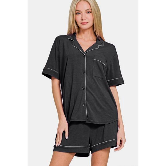 ZENANA Black Button Down Short Sleeve Top and Shorts Pajamas Lounge Set NEW - Picture 3 of 5